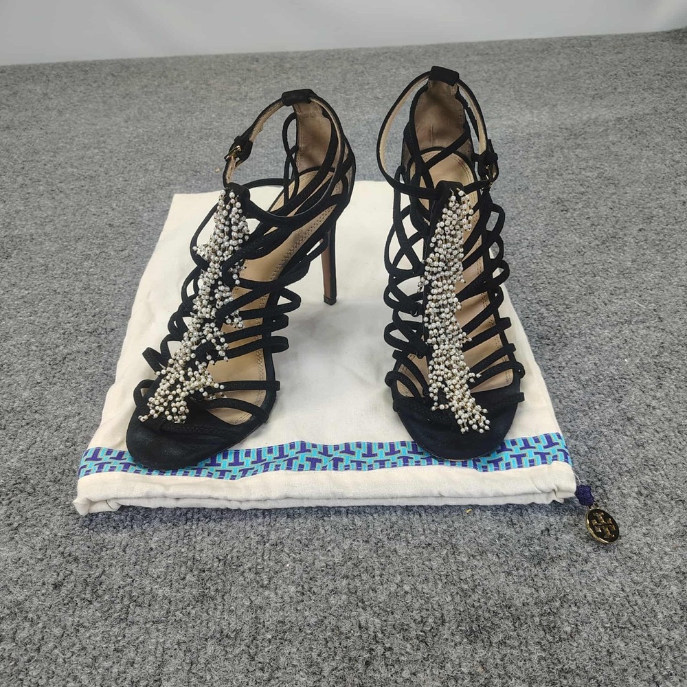 TORY BURCH Mariel Pearl Embellished Strappy Heels Womens 9  Black Suede Stiletto